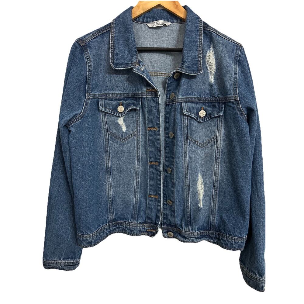 1511 Inc CLASSIC DISTRESSED WOMENS XL DENIM JEAN JACKET PIT TO PIT 19 INCHES